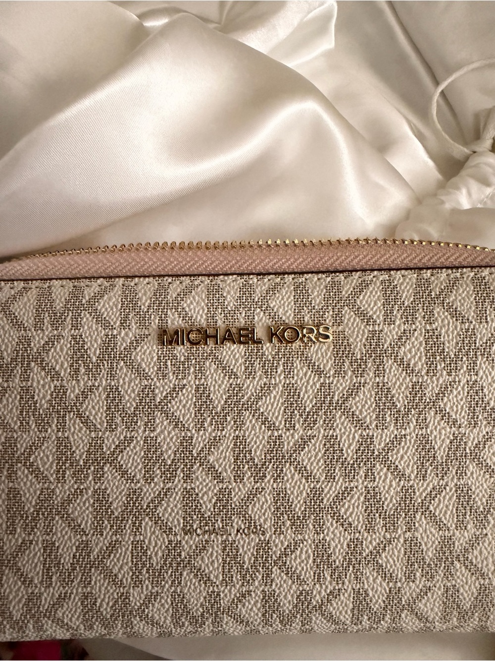 Michael Kors Pink Trim Beige MK Logo Zip Wallet
